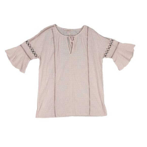 VICTORIA'S SECRET Size S Sheer Pink Crochet Peasant Top, Bell Sleeve Chemise - Picture 1 of 6
